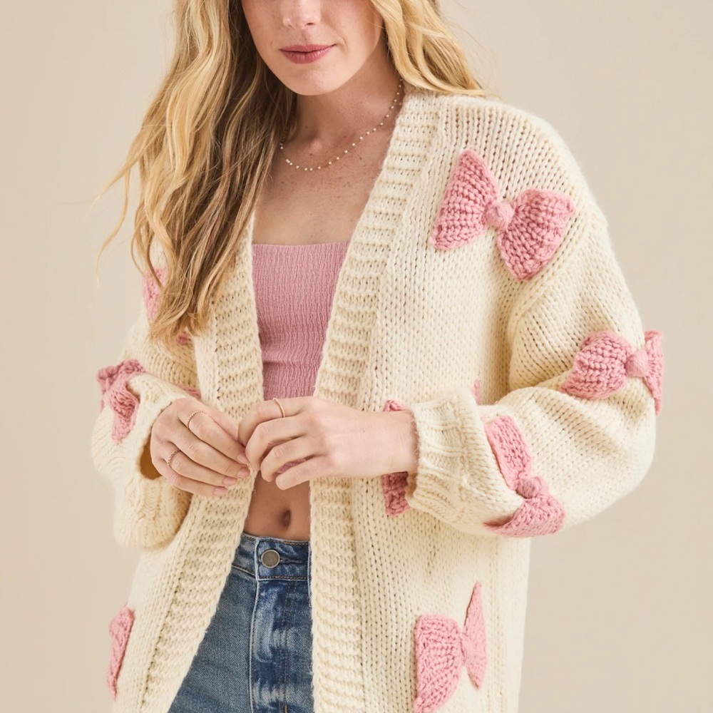 Cream and Pink Heart Knit “Victoria Bow” Cardigan Sweater